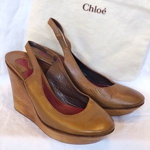 Chloe brown slingback platform wedges, size 7.5